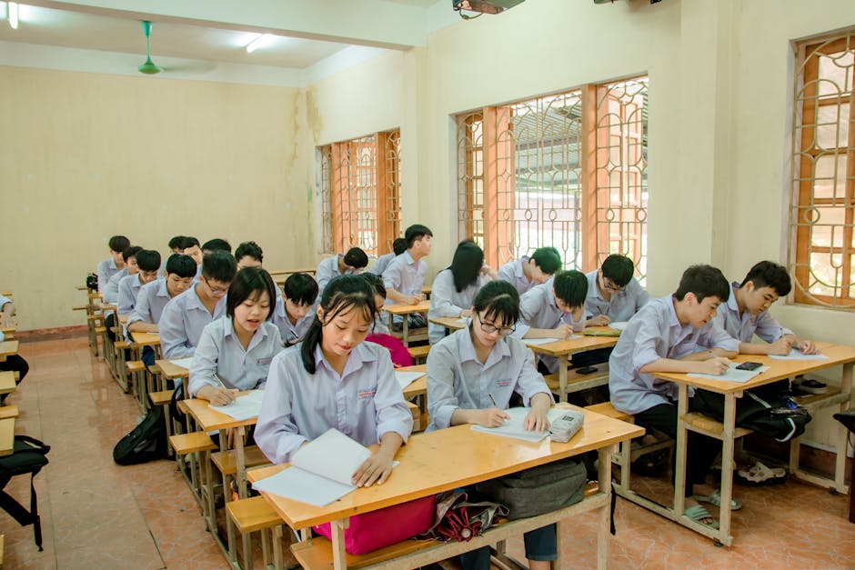 Students attentively studying in a bright classroom setting